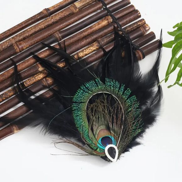 Roaring 20s Boho Peacock Feather Brooch – Large Turquoise & Green Hair Clip - Picture 1 of 1